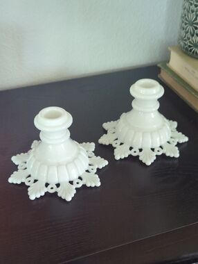 Vintage Westmoreland Ring and Petal Milk Glass Candle Holders